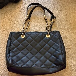 Madison West Black Quilted Tote with Gold Chain Handles